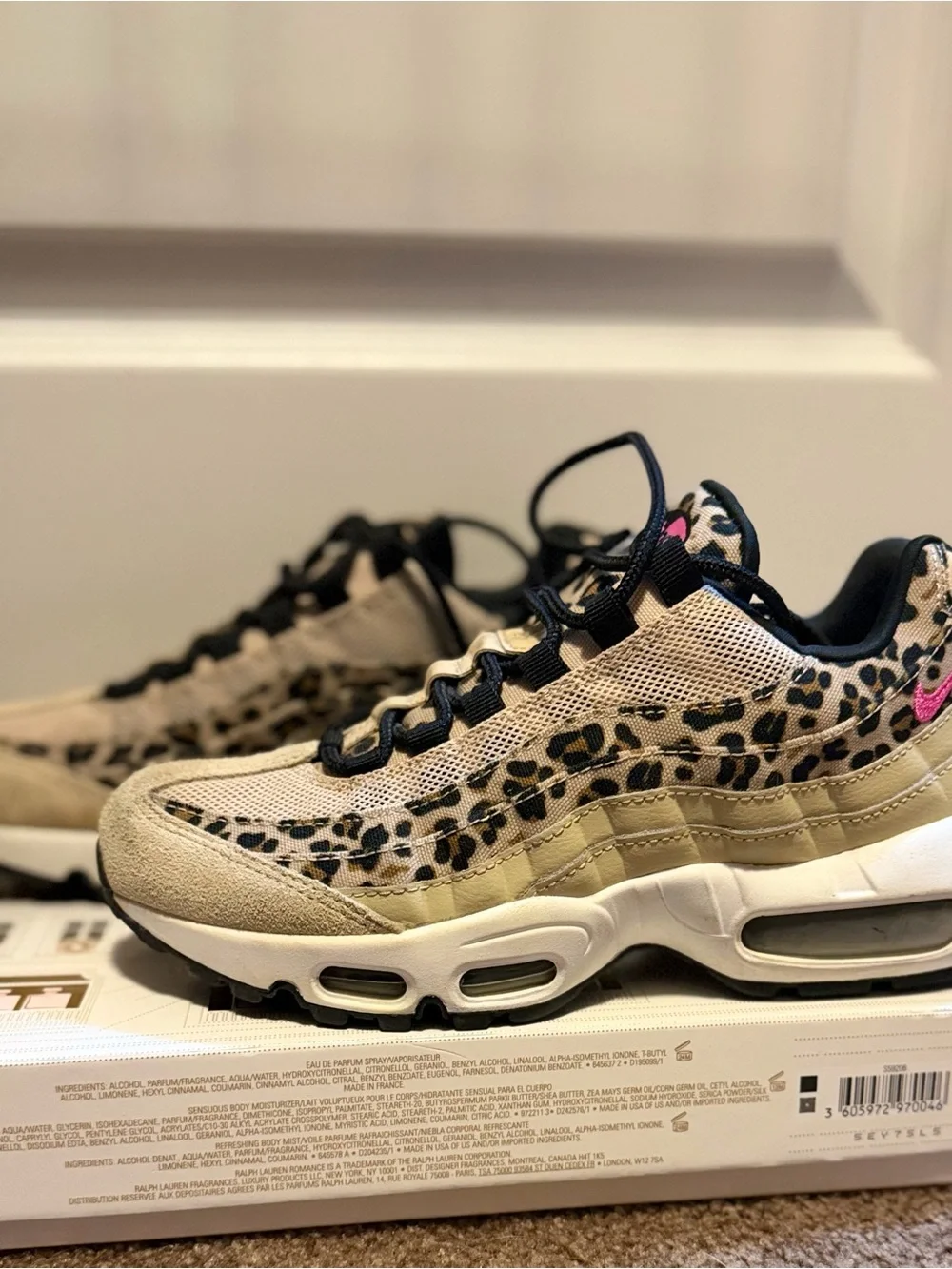 Nike Women's Beige Leopard Print Sneakers with Black and Pink Accents